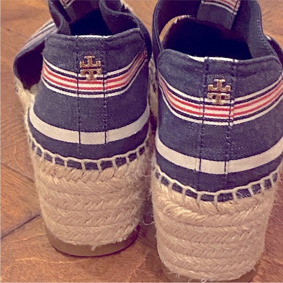 Tory Burch Catalina Red White Blue Stripe Wedge Espadrilles 9 - Picture 5 of 8